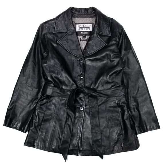 VINTAGE Wilsons Leather 90s Button Down Belted Wrap Coat Large Black Y2k 90s